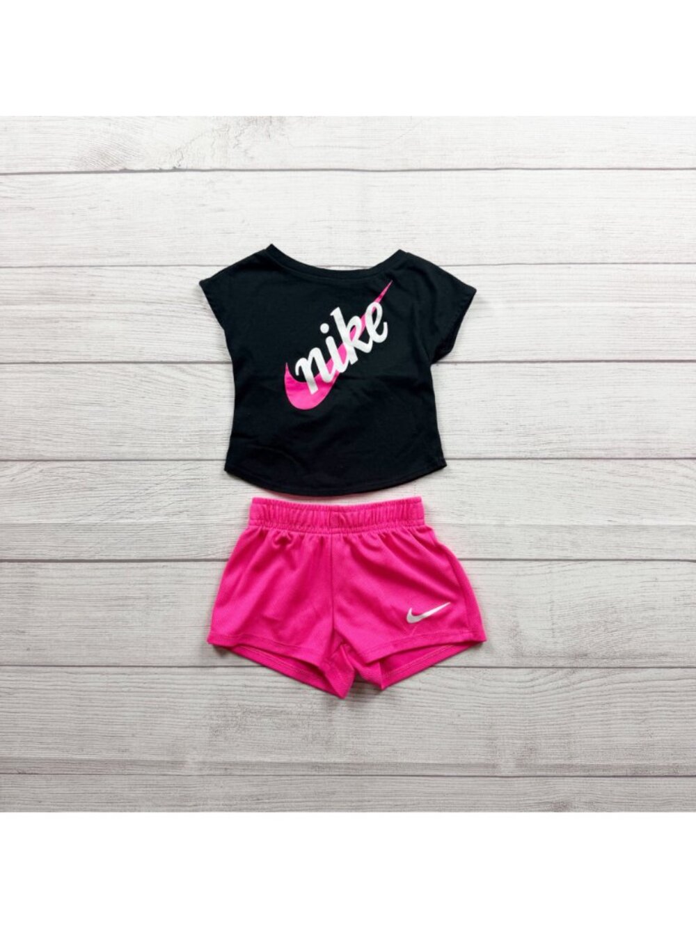 Nike Toddler Girls Black Logo Tee Pink Shorts Set Activewear Outfit 12-18 Months
